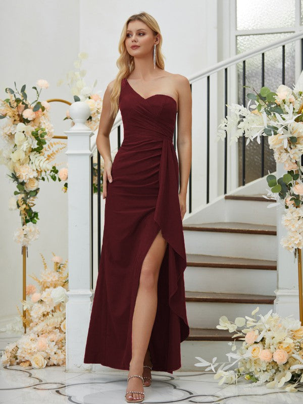Sheath/Column Stretch Crepe Ruched One-Shoulder Sleeveless Floor-Length Bridesmaid Dresses Formal Evening Dress