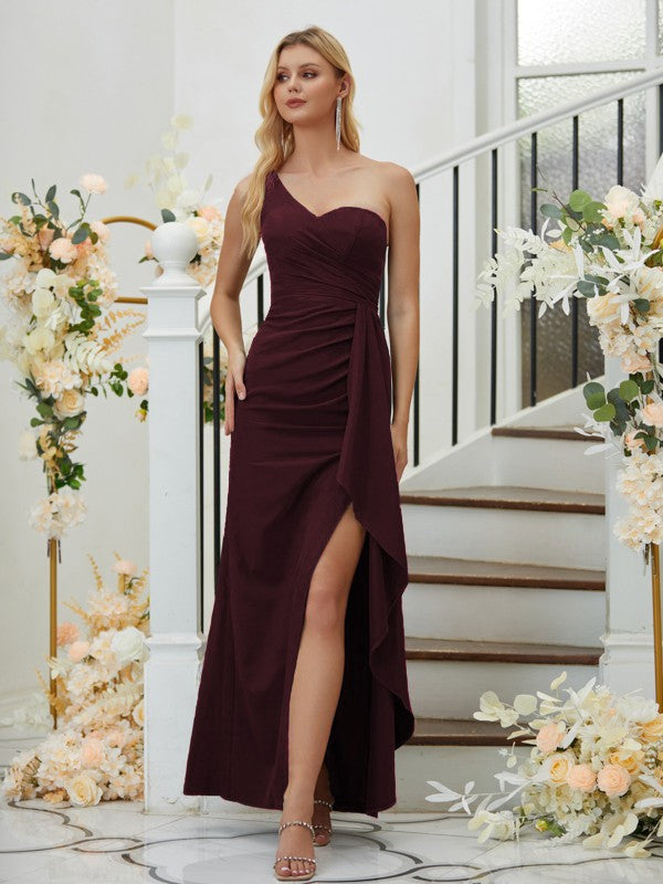 Sheath/Column Stretch Crepe Ruched One-Shoulder Sleeveless Floor-Length Bridesmaid Dresses Formal Evening Dress