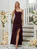 Sheath/Column Stretch Crepe Ruched One-Shoulder Sleeveless Floor-Length Bridesmaid Dresses Formal Evening Dress