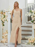 Sheath/Column Stretch Crepe Ruched One-Shoulder Sleeveless Floor-Length Bridesmaid Dresses Formal Evening Dress