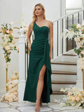 Sheath/Column Stretch Crepe Ruched One-Shoulder Sleeveless Floor-Length Bridesmaid Dresses Formal Evening Dress
