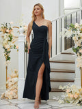 Sheath/Column Stretch Crepe Ruched One-Shoulder Sleeveless Floor-Length Bridesmaid Dresses Formal Evening Dress