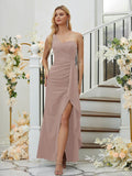 Sheath/Column Stretch Crepe Ruched One-Shoulder Sleeveless Floor-Length Bridesmaid Dresses Formal Evening Dress