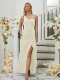 Sheath/Column Stretch Crepe Ruched One-Shoulder Sleeveless Floor-Length Bridesmaid Dresses Formal Evening Dress