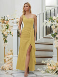 Sheath/Column Stretch Crepe Ruched One-Shoulder Sleeveless Floor-Length Bridesmaid Dresses Formal Evening Dress