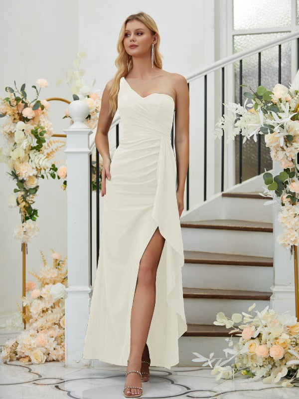 Sheath/Column Stretch Crepe Ruched One-Shoulder Sleeveless Floor-Length Bridesmaid Dresses Formal Evening Dress