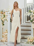 Sheath/Column Stretch Crepe Ruched One-Shoulder Sleeveless Floor-Length Bridesmaid Dresses Formal Evening Dress
