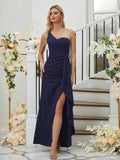 Sheath/Column Stretch Crepe Ruched One-Shoulder Sleeveless Floor-Length Bridesmaid Dresses Formal Evening Dress