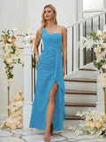 Sheath/Column Stretch Crepe Ruched One-Shoulder Sleeveless Floor-Length Bridesmaid Dresses Formal Evening Dress