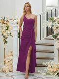 Sheath/Column Stretch Crepe Ruched One-Shoulder Sleeveless Floor-Length Bridesmaid Dresses Formal Evening Dress