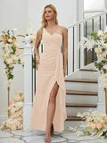 Sheath/Column Stretch Crepe Ruched One-Shoulder Sleeveless Floor-Length Bridesmaid Dresses Formal Evening Dress