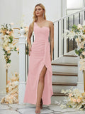 Sheath/Column Stretch Crepe Ruched One-Shoulder Sleeveless Floor-Length Bridesmaid Dresses Formal Evening Dress