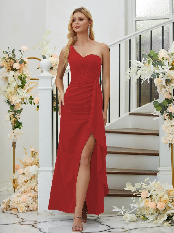 Sheath/Column Stretch Crepe Ruched One-Shoulder Sleeveless Floor-Length Bridesmaid Dresses Formal Evening Dress