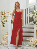 Sheath/Column Stretch Crepe Ruched One-Shoulder Sleeveless Floor-Length Bridesmaid Dresses Formal Evening Dress