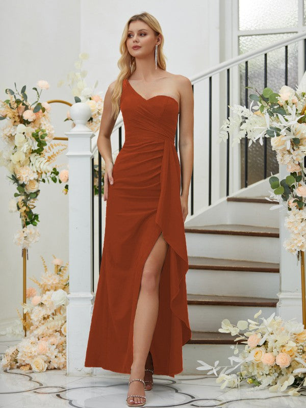 Sheath/Column Stretch Crepe Ruched One-Shoulder Sleeveless Floor-Length Bridesmaid Dresses Formal Evening Dress