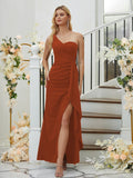 Sheath/Column Stretch Crepe Ruched One-Shoulder Sleeveless Floor-Length Bridesmaid Dresses Formal Evening Dress