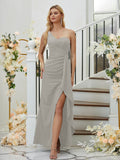 Sheath/Column Stretch Crepe Ruched One-Shoulder Sleeveless Floor-Length Bridesmaid Dresses Formal Evening Dress