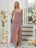 Sheath/Column Stretch Crepe Ruched One-Shoulder Sleeveless Floor-Length Bridesmaid Dresses Formal Evening Dress