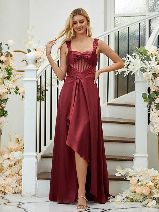 Vestidos de dama de honor asimétricos, sin mangas, con tirantes fruncidos y satén tipo seda, corte A/Princesa