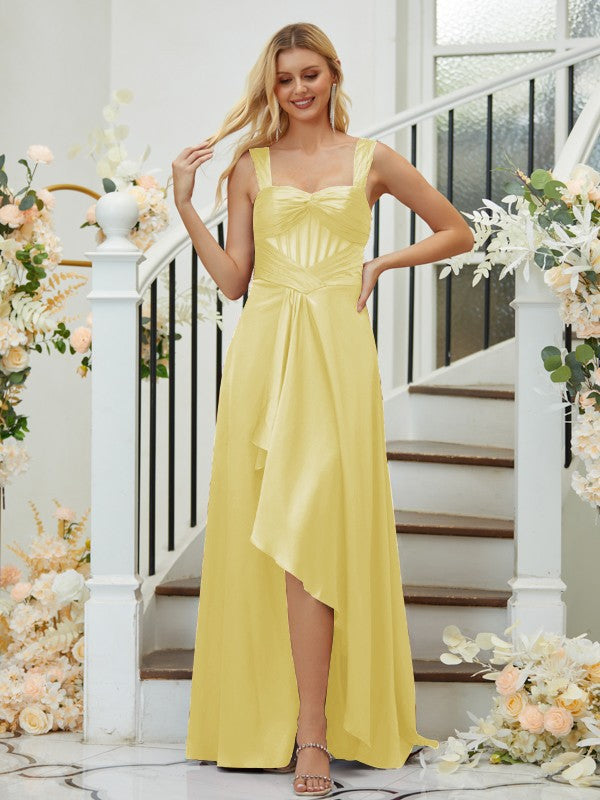 Vestidos de dama de honor asimétricos, sin mangas, con tirantes fruncidos y satén tipo seda, corte A/Princesa
