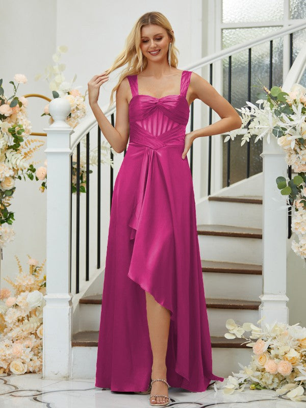 Vestidos de dama de honor asimétricos, sin mangas, con tirantes fruncidos y satén tipo seda, corte A/Princesa