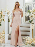 Etui-Linie/Spalte Chiffon Geraffte Schulterfreie Ärmellose Bodenlange Brautjungfernkleider Formelles Abendkleid