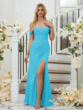 Etui-Linie/Spalte Chiffon Geraffte Schulterfreie Ärmellose Bodenlange Brautjungfernkleider Formelles Abendkleid