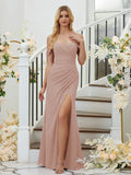 Etui-Linie/Spalte Chiffon Geraffte Schulterfreie Ärmellose Bodenlange Brautjungfernkleider Formelles Abendkleid