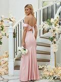 Sheath/Column Charmeuse Ruched Off-the-Shoulder Sleeveless Floor-Length Bridesmaid Dresses Formal Evening Dress