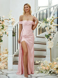 Sheath/Column Charmeuse Ruched Off-the-Shoulder Sleeveless Floor-Length Bridesmaid Dresses Formal Evening Dress
