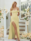 Sheath/Column Charmeuse Ruched Off-the-Shoulder Sleeveless Floor-Length Bridesmaid Dresses Formal Evening Dress