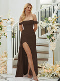 Sheath/Column Charmeuse Ruched Off-the-Shoulder Sleeveless Floor-Length Bridesmaid Dresses Formal Evening Dress