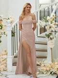 Sheath/Column Charmeuse Ruched Off-the-Shoulder Sleeveless Floor-Length Bridesmaid Dresses Formal Evening Dress