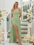 Sheath/Column Charmeuse Ruched Off-the-Shoulder Sleeveless Floor-Length Bridesmaid Dresses Formal Evening Dress