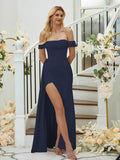 Sheath/Column Charmeuse Ruched Off-the-Shoulder Sleeveless Floor-Length Bridesmaid Dresses Formal Evening Dress
