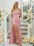 Sheath/Column Charmeuse Ruched Off-the-Shoulder Sleeveless Floor-Length Bridesmaid Dresses Formal Evening Dress
