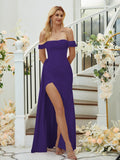 Sheath/Column Charmeuse Ruched Off-the-Shoulder Sleeveless Floor-Length Bridesmaid Dresses Formal Evening Dress