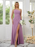 Sheath/Column Chiffon Ruched One-Shoulder Sleeveless Floor-Length Bridesmaid Dresses Formal Evening Dress