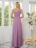 Sheath/Column Chiffon Ruched One-Shoulder Sleeveless Floor-Length Bridesmaid Dresses Formal Evening Dress