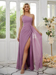 Sheath/Column Chiffon Ruched One-Shoulder Sleeveless Floor-Length Bridesmaid Dresses Formal Evening Dress