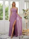 Sheath/Column Chiffon Ruched One-Shoulder Sleeveless Floor-Length Bridesmaid Dresses Formal Evening Dress