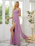 Sheath/Column Chiffon Ruched One-Shoulder Sleeveless Floor-Length Bridesmaid Dresses Formal Evening Dress
