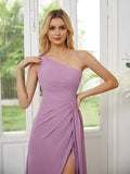 Sheath/Column Chiffon Ruched One-Shoulder Sleeveless Floor-Length Bridesmaid Dresses Formal Evening Dress