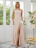 Sheath/Column Chiffon Ruched One-Shoulder Sleeveless Floor-Length Bridesmaid Dresses Formal Evening Dress