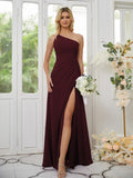 Sheath/Column Chiffon Ruched One-Shoulder Sleeveless Floor-Length Bridesmaid Dresses Formal Evening Dress