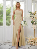 Sheath/Column Chiffon Ruched One-Shoulder Sleeveless Floor-Length Bridesmaid Dresses Formal Evening Dress
