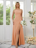 Sheath/Column Chiffon Ruched One-Shoulder Sleeveless Floor-Length Bridesmaid Dresses Formal Evening Dress