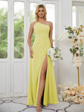 Sheath/Column Chiffon Ruched One-Shoulder Sleeveless Floor-Length Bridesmaid Dresses Formal Evening Dress