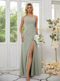 Sheath/Column Chiffon Ruched One-Shoulder Sleeveless Floor-Length Bridesmaid Dresses Formal Evening Dress