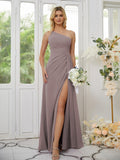 Sheath/Column Chiffon Ruched One-Shoulder Sleeveless Floor-Length Bridesmaid Dresses Formal Evening Dress
